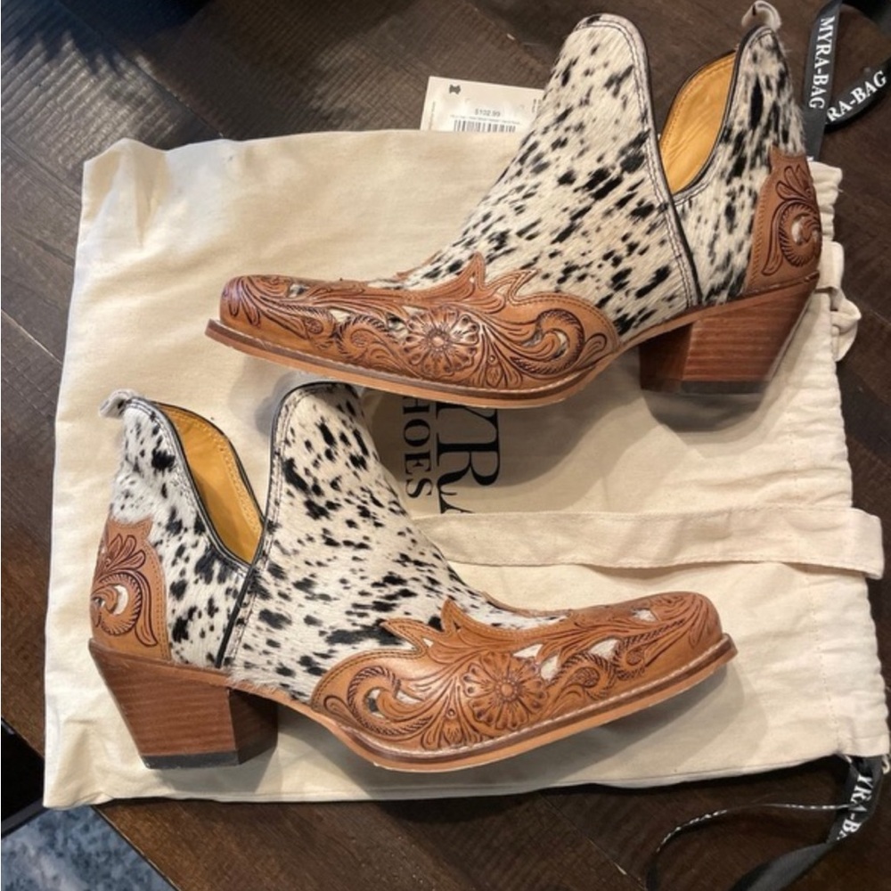 Myra real calf skin and hand tooled leather ankle boots
